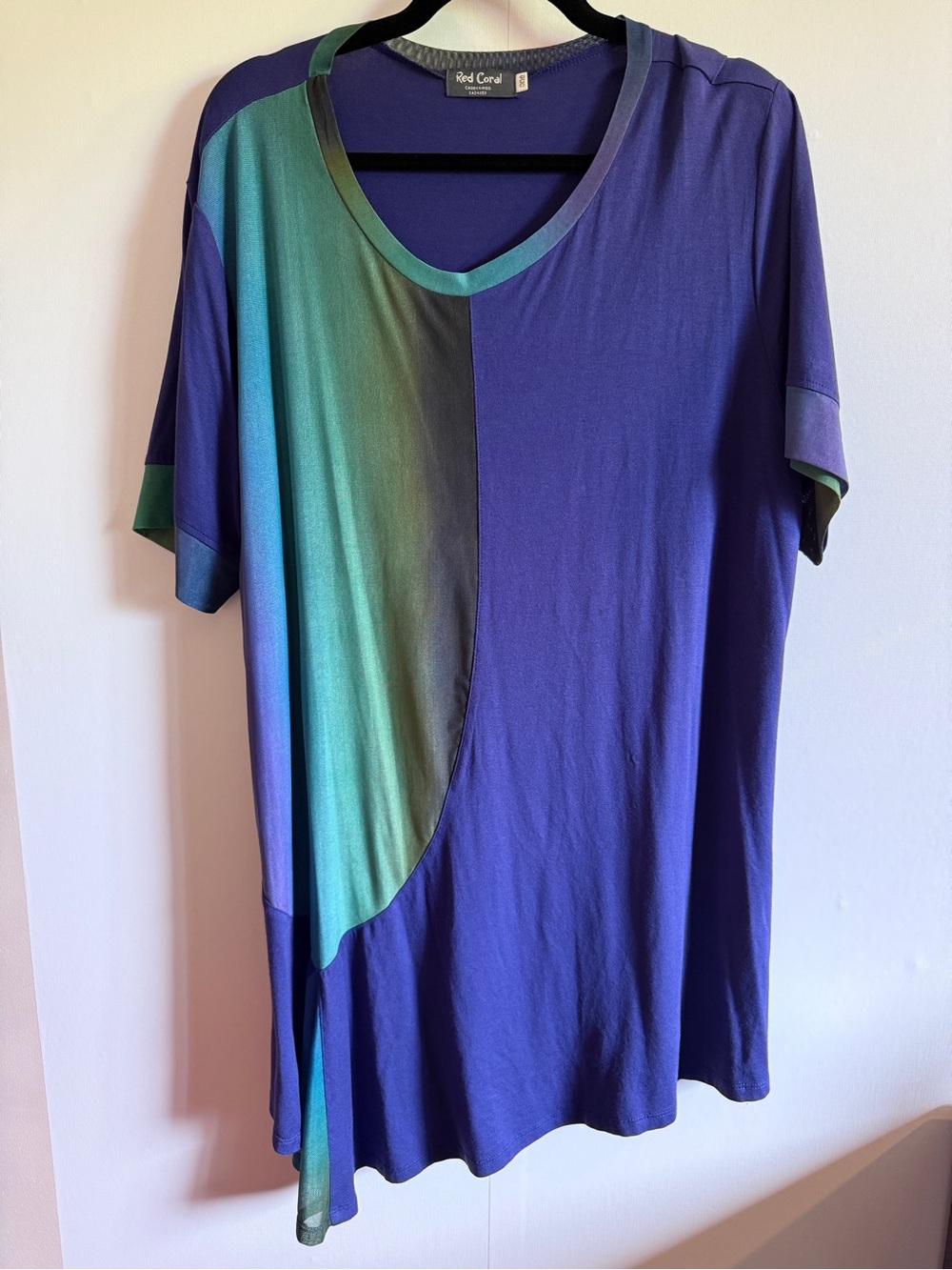 Red Coral Colourblock Rayon Tunic Top One Size Artsy Lagenlook L/XL